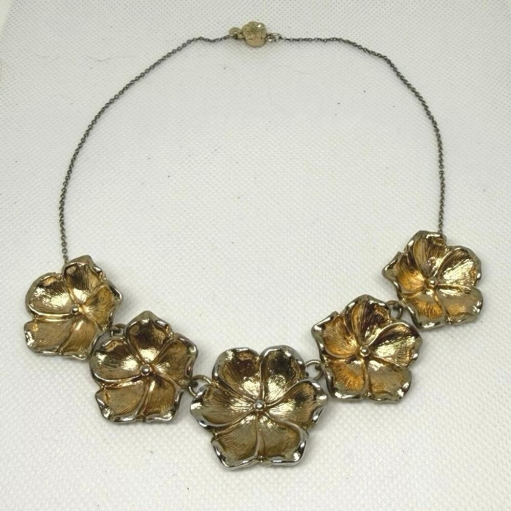 Gold Floral Statement Necklace vintage inspired with squeeze box clasp 16”